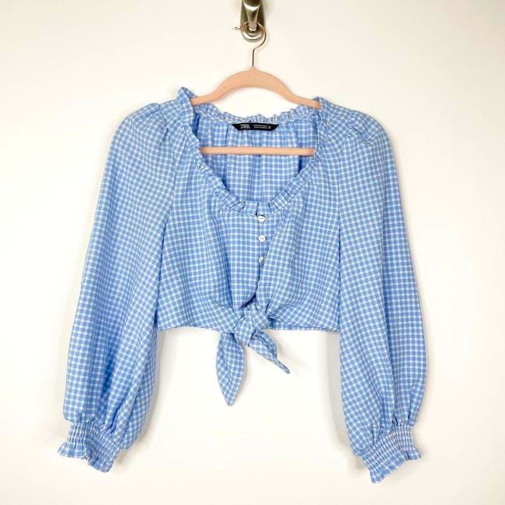 Zara Blue Gingham Seersucker Cropped Top - SMALL